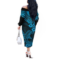 Hawaii Shark Off The Shoulder Long Sleeve Dress Polynesian Pattern Sky Blue Version - Wonder Print Shop
