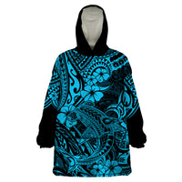 Hawaii Shark Wearable Blanket Hoodie Polynesian Pattern Sky Blue Version - Wonder Print Shop