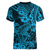 Hawaii Shark Women V Neck T Shirt Polynesian Pattern Sky Blue Version - Wonder Print Shop
