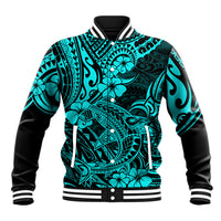 Hawaii Shark Baseball Jacket Polynesian Pattern Turquoise Version - Wonder Print Shop