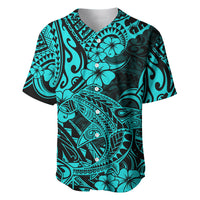 Hawaii Shark Baseball Jersey Polynesian Pattern Turquoise Version - Wonder Print Shop
