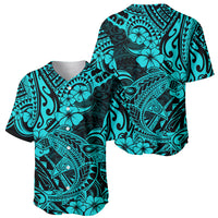 Hawaii Shark Baseball Jersey Polynesian Pattern Turquoise Version - Wonder Print Shop