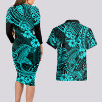 Hawaii Shark Couples Matching Long Sleeve Bodycon Dress and Hawaiian Shirt Polynesian Pattern Turquoise Version - Wonder Print Shop