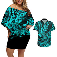 Hawaii Shark Couples Matching Off Shoulder Short Dress and Hawaiian Shirt Polynesian Pattern Turquoise Version - Wonder Print Shop