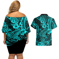 Turquoise off-shoulder short dress and Hawaiian shirt set, back view with teal shark pattern