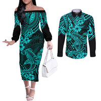hawaii-shark-couples-matching-off-the-shoulder-long-sleeve-dress-and-long-sleeve-button-shirts-polynesian-pattern-turquoise-version