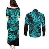 Hawaii Shark Couples Matching Puletasi Dress and Long Sleeve Button Shirts Polynesian Pattern Turquoise Version - Wonder Print Shop