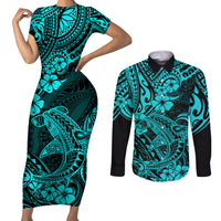 Hawaii Shark Couples Matching Short Sleeve Bodycon Dress and Long Sleeve Button Shirts Polynesian Pattern Turquoise Version - Wonder Print Shop