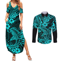 Hawaii Shark Couples Matching Summer Maxi Dress and Long Sleeve Button Shirts Polynesian Pattern Turquoise Version - Wonder Print Shop