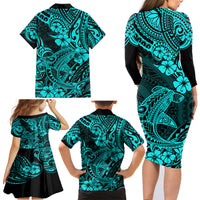 Hawaii Shark Family Matching Long Sleeve Bodycon Dress and Hawaiian Shirt Polynesian Pattern Turquoise Version - Wonder Print Shop