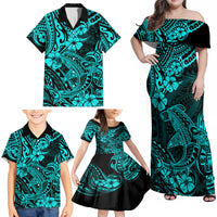 Hawaii Shark Family Matching Off Shoulder Maxi Dress and Hawaiian Shirt Polynesian Pattern Turquoise Version - Wonder Print Shop