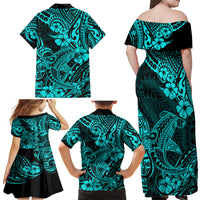 Hawaii Shark Family Matching Off Shoulder Maxi Dress and Hawaiian Shirt Polynesian Pattern Turquoise Version - Wonder Print Shop