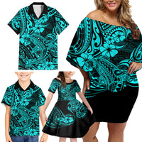 Hawaii Shark Family Matching Off Shoulder Short Dress and Hawaiian Shirt Polynesian Pattern Turquoise Version - Wonder Print Shop