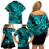 Hawaii Shark Family Matching Off Shoulder Short Dress and Hawaiian Shirt Polynesian Pattern Turquoise Version - Wonder Print Shop