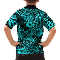 Hawaii Shark Family Matching Puletasi Dress and Hawaiian Shirt Polynesian Pattern Turquoise Version - Wonder Print Shop