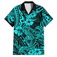 Hawaii Shark Family Matching Puletasi Dress and Hawaiian Shirt Polynesian Pattern Turquoise Version - Wonder Print Shop