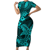 Hawaii Shark Family Matching Short Sleeve Bodycon Dress and Hawaiian Shirt Polynesian Pattern Turquoise Version - Wonder Print Shop