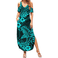 Hawaii Shark Family Matching Summer Maxi Dress and Hawaiian Shirt Polynesian Pattern Turquoise Version - Wonder Print Shop