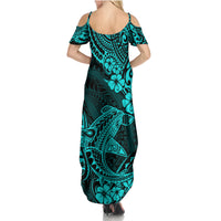 Hawaii Shark Family Matching Summer Maxi Dress and Hawaiian Shirt Polynesian Pattern Turquoise Version - Wonder Print Shop