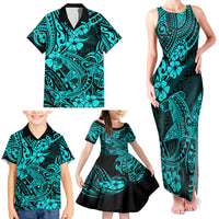 Hawaii Shark Family Matching Tank Maxi Dress and Hawaiian Shirt Polynesian Pattern Turquoise Version - Wonder Print Shop