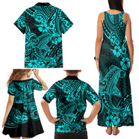 Hawaii Shark Family Matching Tank Maxi Dress and Hawaiian Shirt Polynesian Pattern Turquoise Version - Wonder Print Shop