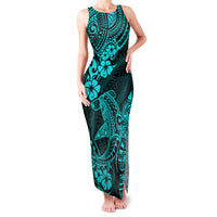 Hawaii Shark Family Matching Tank Maxi Dress and Hawaiian Shirt Polynesian Pattern Turquoise Version - Wonder Print Shop