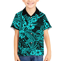 Hawaii Shark Family Matching Tank Maxi Dress and Hawaiian Shirt Polynesian Pattern Turquoise Version - Wonder Print Shop