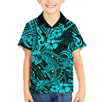 Hawaii Shark Kid Hawaiian Shirt Polynesian Pattern Turquoise Version - Wonder Print Shop