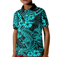 Hawaii Shark Kid Polo Shirt Polynesian Pattern Turquoise Version - Wonder Print Shop