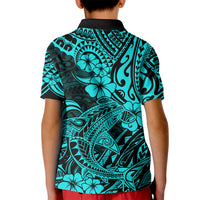 Hawaii Shark Kid Polo Shirt Polynesian Pattern Turquoise Version - Wonder Print Shop