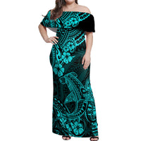 Hawaii Shark Off Shoulder Maxi Dress Polynesian Pattern Turquoise Version - Wonder Print Shop