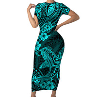 Hawaii Shark Short Sleeve Bodycon Dress Polynesian Pattern Turquoise Version - Wonder Print Shop