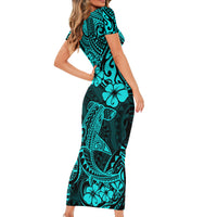 Hawaii Shark Short Sleeve Bodycon Dress Polynesian Pattern Turquoise Version - Wonder Print Shop