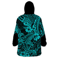 Hawaii Shark Wearable Blanket Hoodie Polynesian Pattern Turquoise Version - Wonder Print Shop