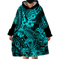 Hawaii Shark Wearable Blanket Hoodie Polynesian Pattern Turquoise Version - Wonder Print Shop