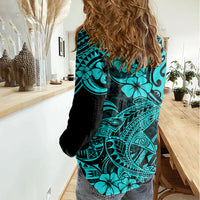 Hawaii Shark Women Casual Shirt Polynesian Pattern Turquoise Version - Wonder Print Shop