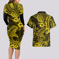 Hawaii Shark Couples Matching Long Sleeve Bodycon Dress and Hawaiian Shirt Polynesian Pattern Yellow Version - Wonder Print Shop