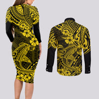 Hawaii Shark Couples Matching Long Sleeve Bodycon Dress and Long Sleeve Button Shirts Polynesian Pattern Yellow Version - Wonder Print Shop