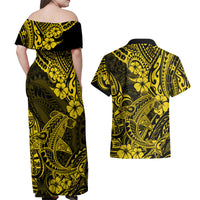 Hawaii Shark Couples Matching Off Shoulder Maxi Dress and Hawaiian Shirt Polynesian Pattern Yellow Version - Wonder Print Shop