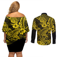 Hawaii Shark Couples Matching Off Shoulder Short Dress and Long Sleeve Button Shirts Polynesian Pattern Yellow Version - Wonder Print Shop