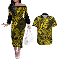 Hawaii Shark Couples Matching Off The Shoulder Long Sleeve Dress and Hawaiian Shirt Polynesian Pattern Yellow Version - Wonder Print Shop