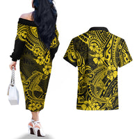 Hawaii Shark Couples Matching Off The Shoulder Long Sleeve Dress and Hawaiian Shirt Polynesian Pattern Yellow Version - Wonder Print Shop