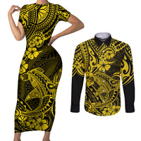 Hawaii Shark Couples Matching Short Sleeve Bodycon Dress and Long Sleeve Button Shirts Polynesian Pattern Yellow Version - Wonder Print Shop
