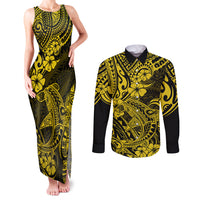 Hawaii Shark Couples Matching Tank Maxi Dress and Long Sleeve Button Shirts Polynesian Pattern Yellow Version - Wonder Print Shop