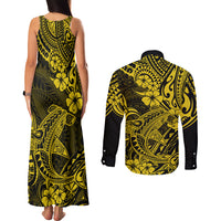 Hawaii Shark Couples Matching Tank Maxi Dress and Long Sleeve Button Shirts Polynesian Pattern Yellow Version - Wonder Print Shop