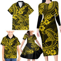 Hawaii Shark Family Matching Long Sleeve Bodycon Dress and Hawaiian Shirt Polynesian Pattern Yellow Version - Wonder Print Shop