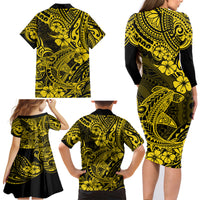 Hawaii Shark Family Matching Long Sleeve Bodycon Dress and Hawaiian Shirt Polynesian Pattern Yellow Version - Wonder Print Shop