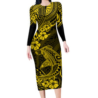 Hawaii Shark Family Matching Long Sleeve Bodycon Dress and Hawaiian Shirt Polynesian Pattern Yellow Version - Wonder Print Shop