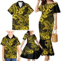 Hawaii Shark Family Matching Mermaid Dress and Hawaiian Shirt Polynesian Pattern Yellow Version - Wonder Print Shop