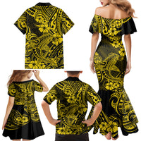 Hawaii Shark Family Matching Mermaid Dress and Hawaiian Shirt Polynesian Pattern Yellow Version - Wonder Print Shop